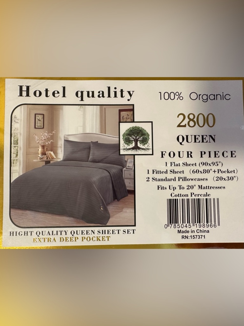 100% Organic Cotton Percale Queen Size Sheet Set - NIP - Picture 3 of 4